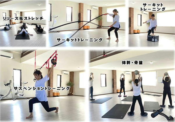 グループレッスンの様子　ストレッチ、サーキットトレーニング、ピラティス